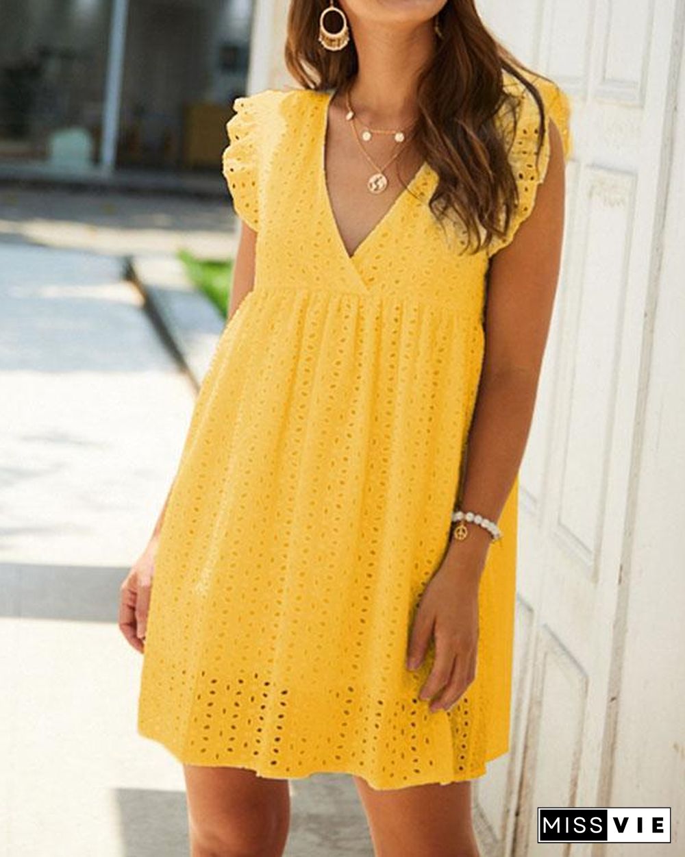 Summer Hollow Lace Hem Decorated Mini Dress