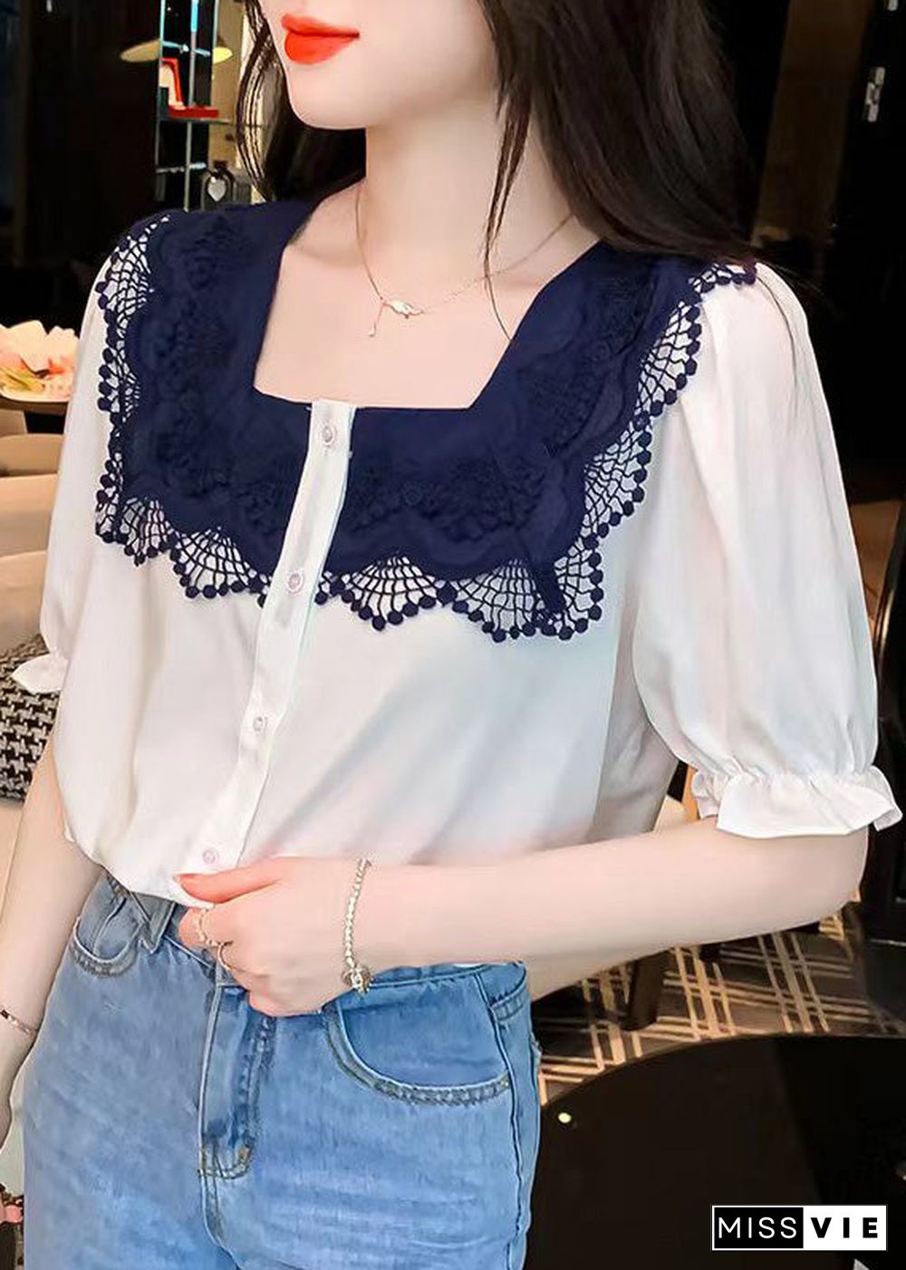 Women White Square Collar Lace Patchwork Button Shirt Short Sleeve