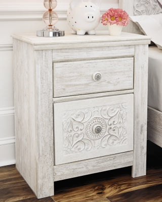 Signature Design by Ashley Paxberry Boho 2 Drawer Nightstand with 2 Slim-Profile USB Charging Ports, Whitewash