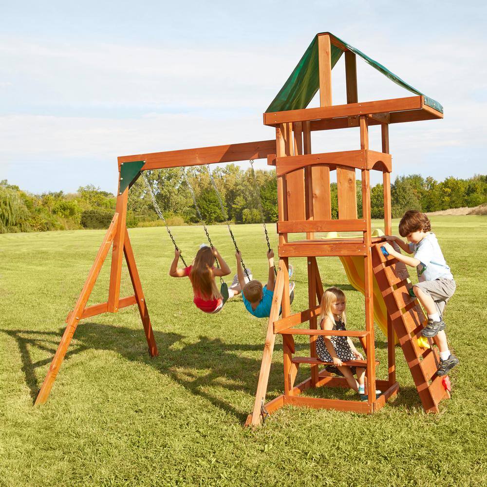 Swing-N-Slide Playsets Scrambler Deluxe Complete Wooden Outdoor Playset with Slide Rock Wall Swings and Backyard Swing Set Accessory PB 8000