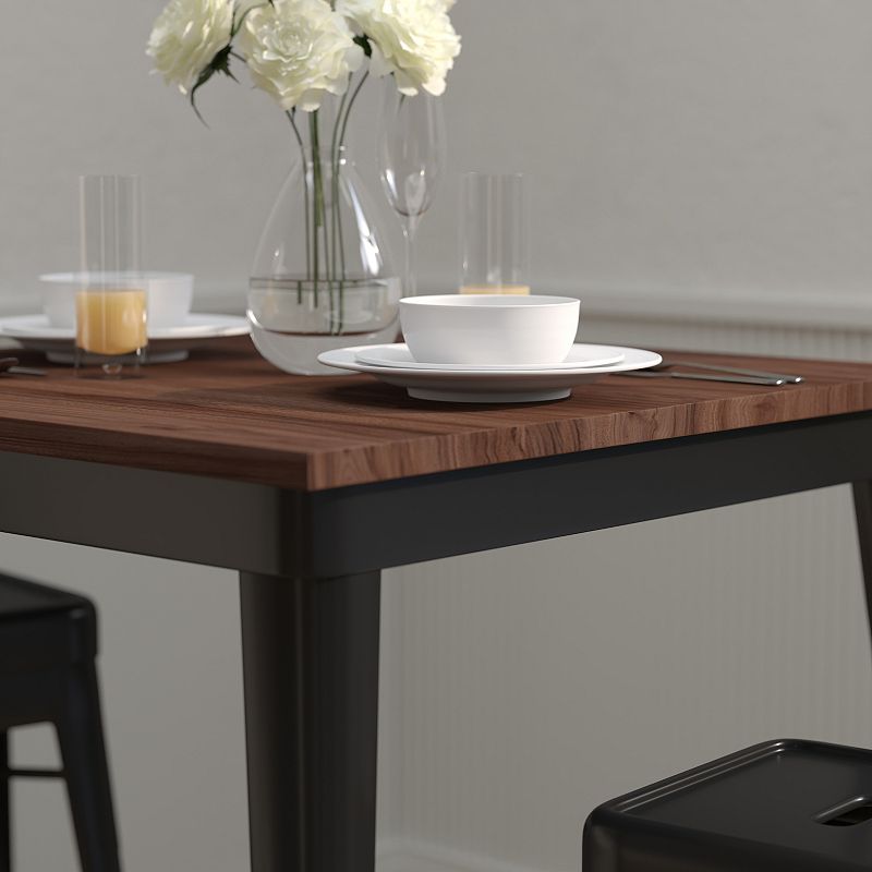 Merrick Lane Ardennes 31.5 Black Steel Indoor Contemporary Table With Square Walnut Rustic Wood Top