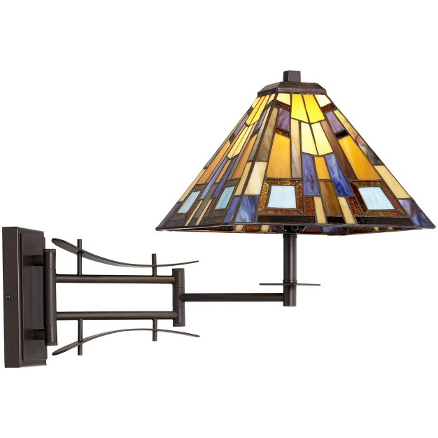 Robert Louis  Vintage Swing Arm Wall Lamp Plug in Light Fixture Jewel Tone Stained Art Glass For Bedroom Bedside Living Room Reading Home House