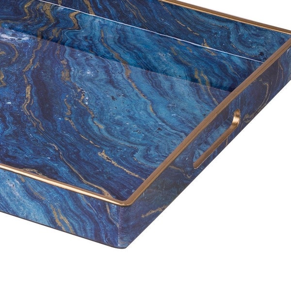 19， 18 Inch Set of 2 Modern Decorative Trays， Blue Pattern with Gold Rim - 26 H x 37 W x 37 L Inches