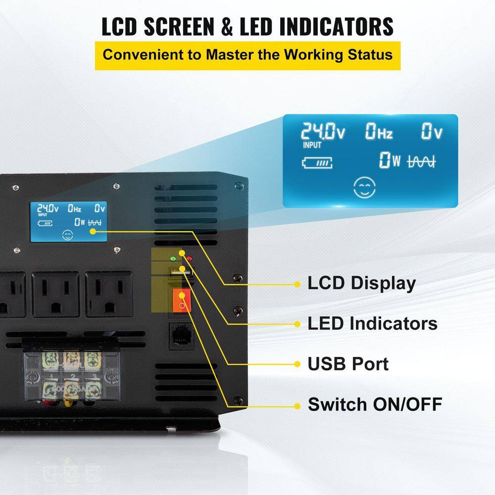 VEVOR Pure Sine Wave Inverter 3500-Watt Car Power Converter DC24-Volt to AC120-Volt with USB Port LCD Display Remote Control CZXNBQDMKWKDDNOL6V9