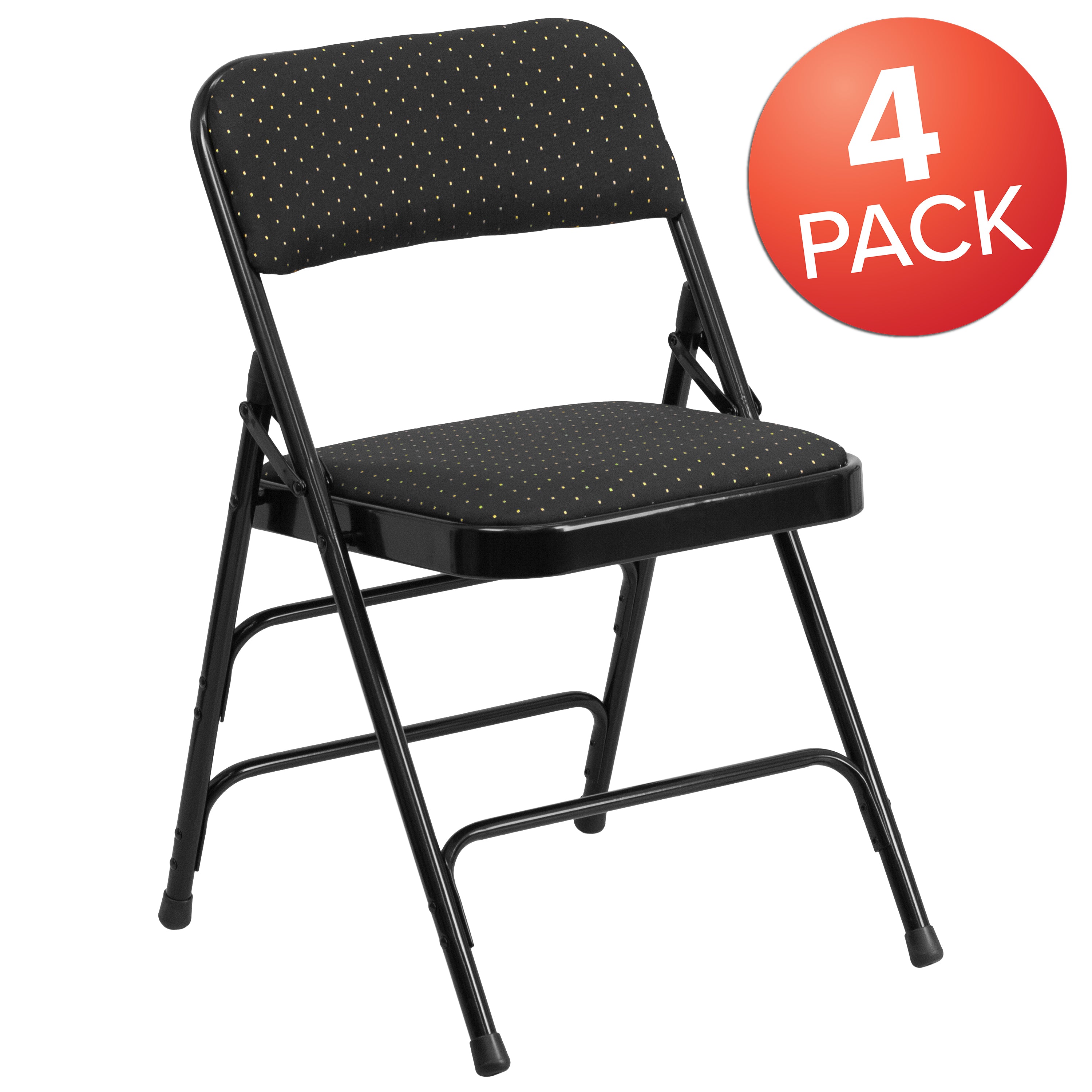 BizChair 4 Pack Curved Triple Braced & Double Hinged Black Patterned Fabric Metal Folding Chair