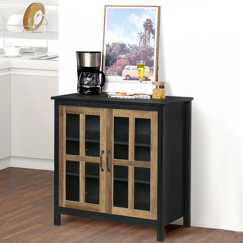 HOMCOM Kitchen Sideboard， Glass Door Buffet Cabinet， Accent Cupboard with Adjustable Storage Shelf for Living Room， Black Wood Grain