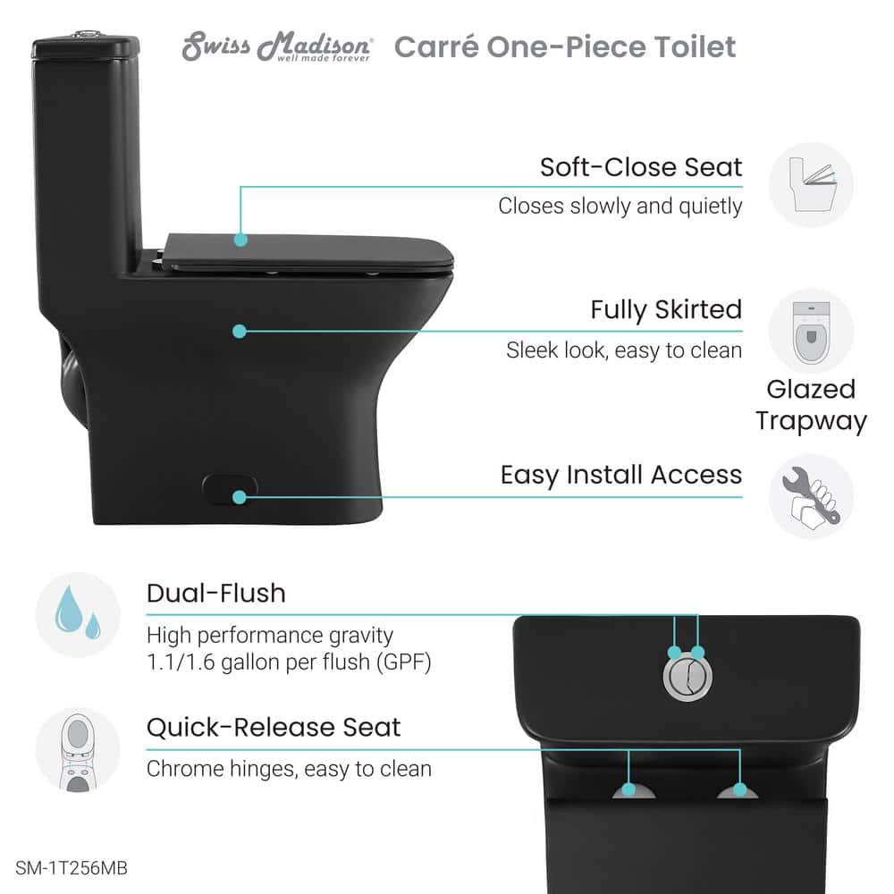 Swiss Madison Carre 1Piece 08128 GPF Dual Flush Square Toilet in Matte Black Seat Included