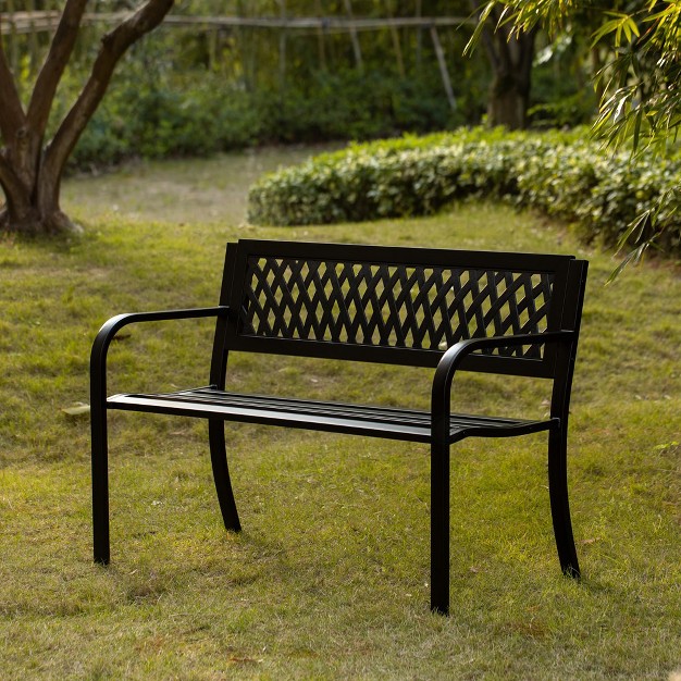 Gardenised Outdoor Steel 47 Park Bench For Yard Patio Garden And Deck Black Weather Resistant Porch Bench Park Seating