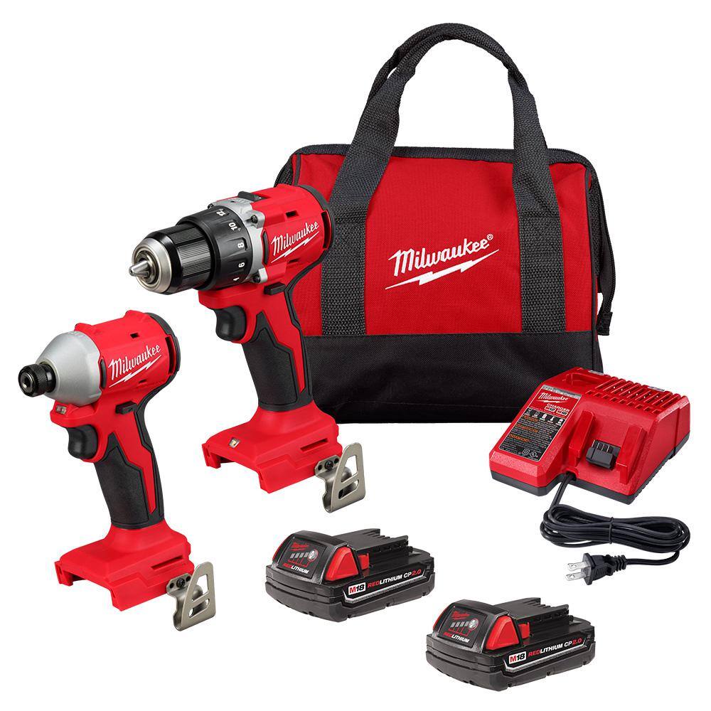 MW M18 18-Volt Lithium-Ion Brushless Cordless Compact DrillImpact Combo Kit (2-Tool) w(2) 2.0 Ah Batteries Charger  Bag 3692-22CT