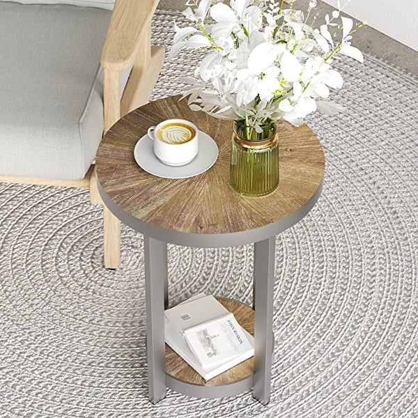 Modern Round Silver End Table， Contemporary Metal Frame Side Table for Living Room， 2-Tier End Table， Natural Wood and Silver