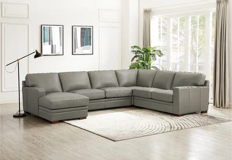 Chatsworth Gray Leather 4 Piece Sectional with Left-Facing Chaise