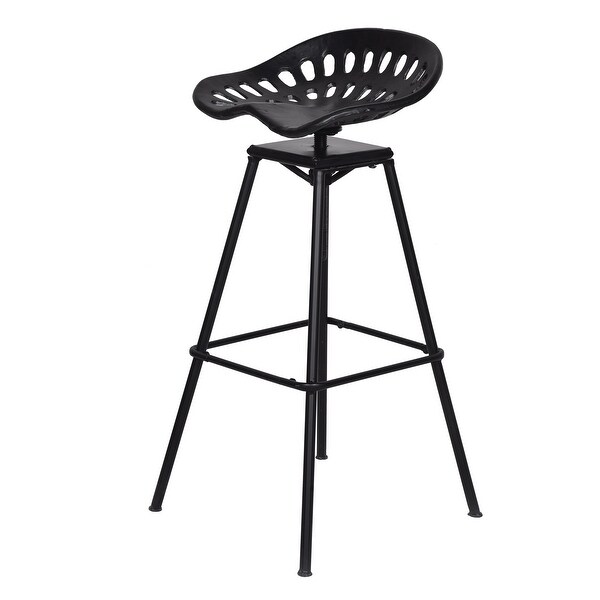 38 Inch Industrial Metal Barstool with Footrest， Swivel， Adjustable Seat Height， Angled Legs， Black