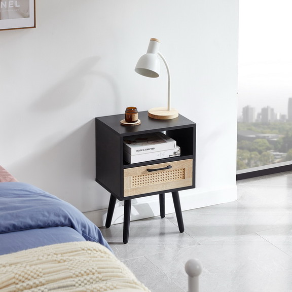 15.75 Rattan End Table with Drawer and Solid Wood...