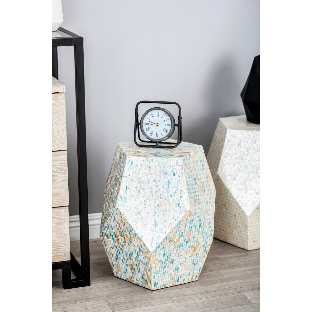 Cream or Blue Multi Color Shell Coastal Contemporary Accent Side Table   16 x 16 x 19