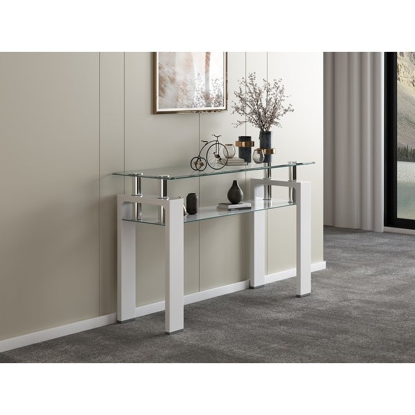 Tempered Glass Top Rectangular Double-Layer Console Table with MDF Legs， For Living Room， Foyer Console Table