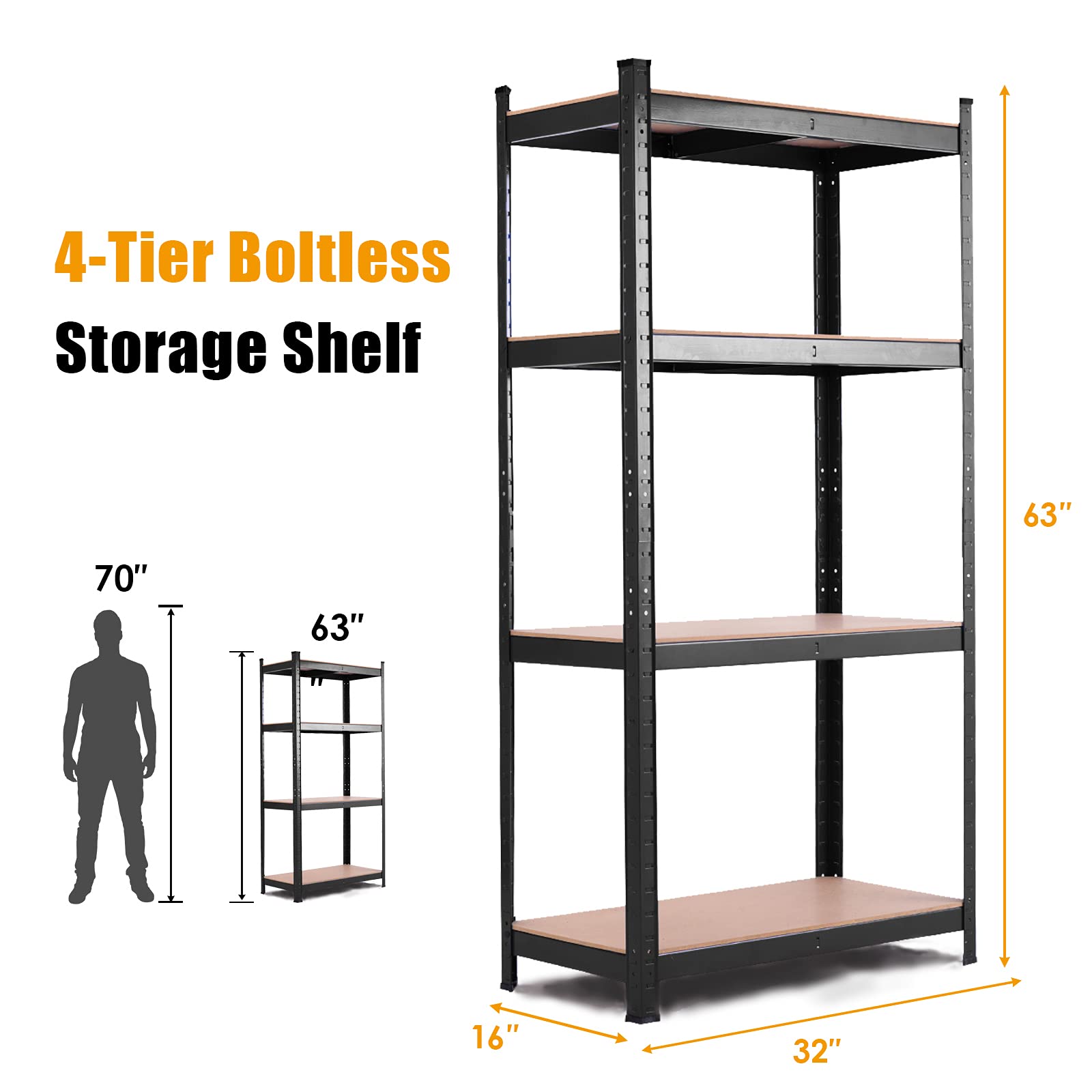 63 Inch Heavy Duty Garage Storage Shelves 4-Tier Adjustable Shelving Unit Organizer Rack