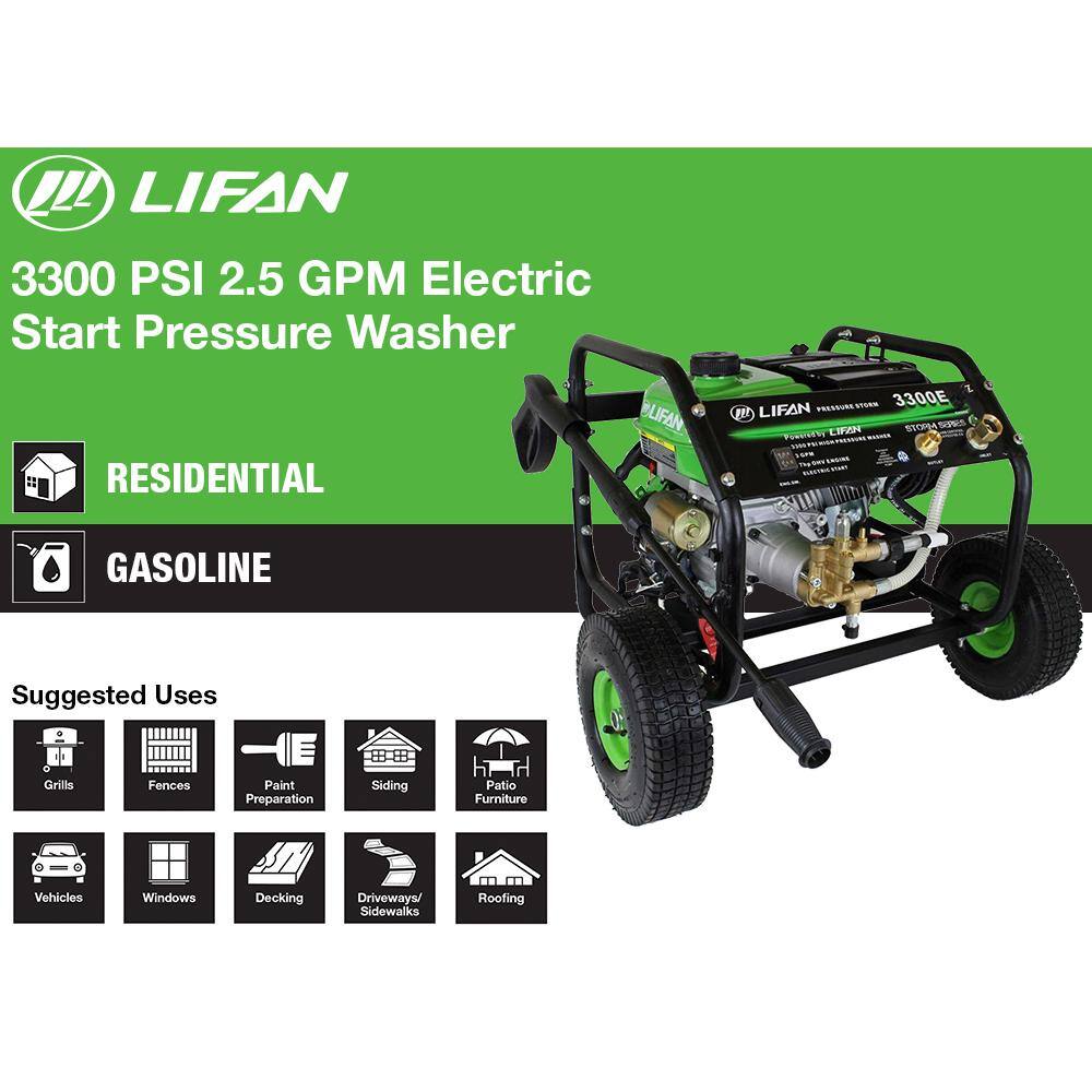 LIFAN Pressure Storm Series 3300 psi 2.5 GPM AR Axial Cam Pump Electric Start Gas Pressure Washer with Panel Mounted Controls LFQ3370E