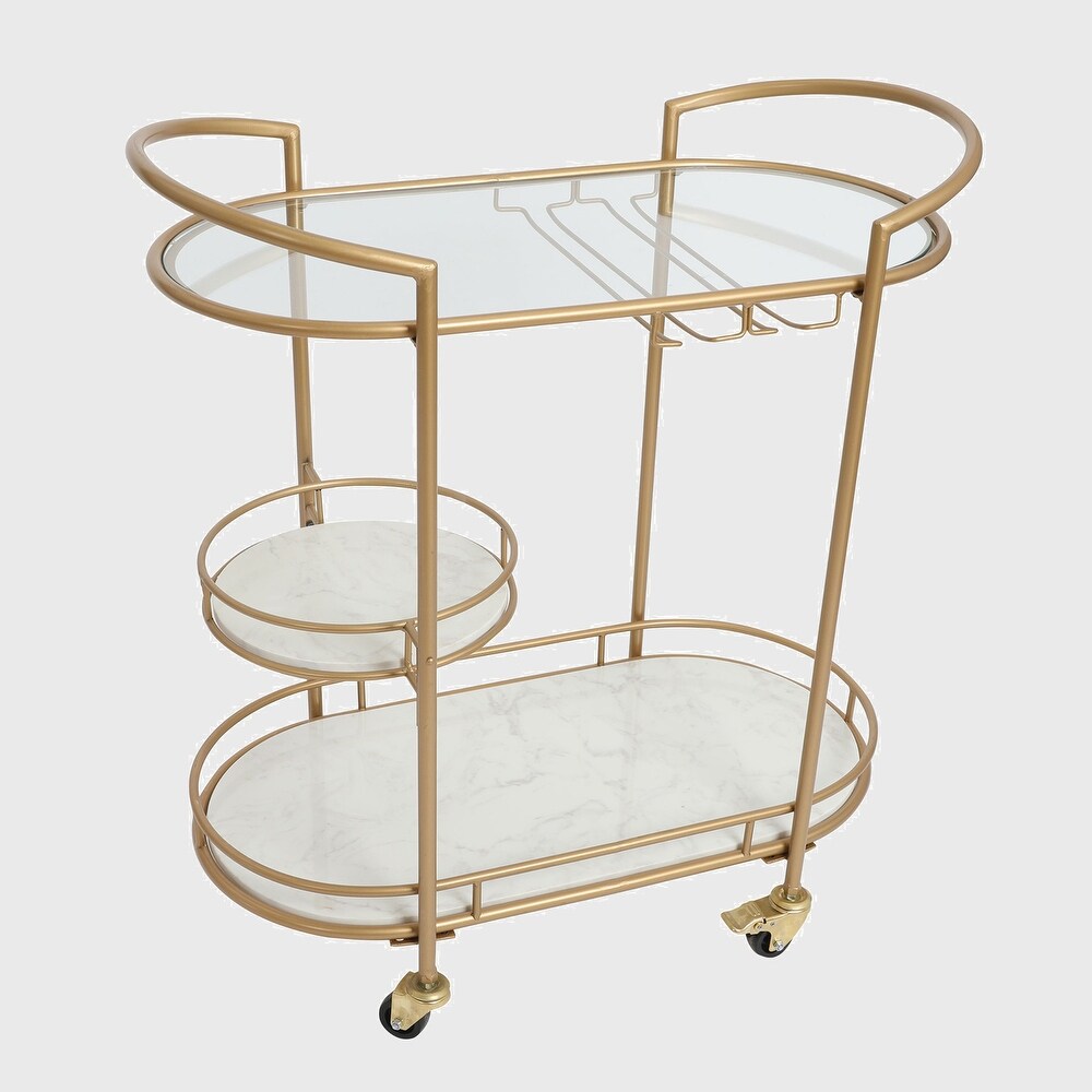 30 Inch 3 Tier Bar Cart with Matte Gold Metal Frame