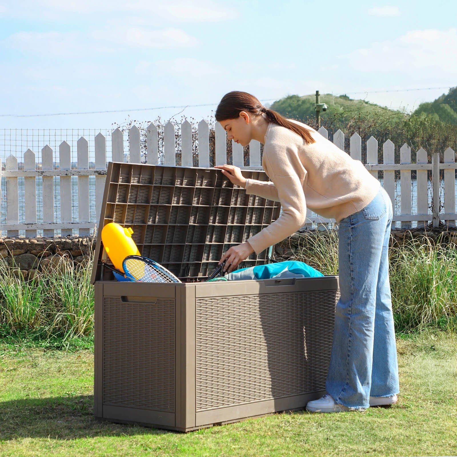 Patiowell 100 Gallon Deck Box Outdoor Resin Plastic Deck Storage Box, Light Brown