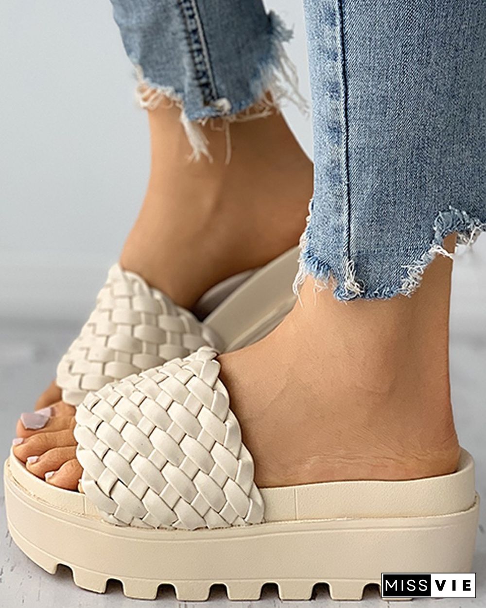 Braided Open Toe Platform Slippers