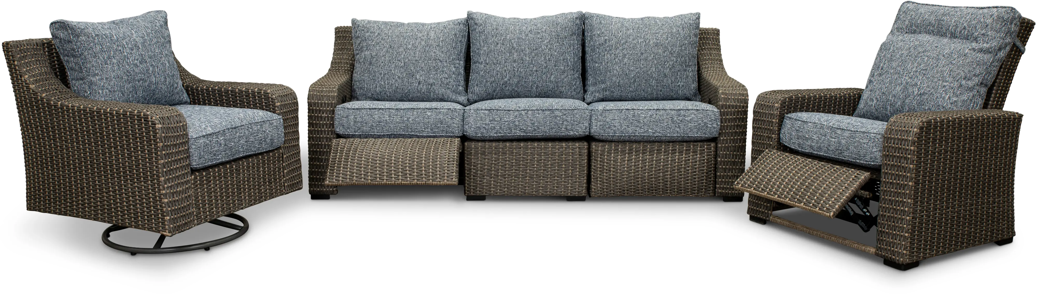 Lemans Gray Wicker Patio Motion Sofa with Blue Cushions