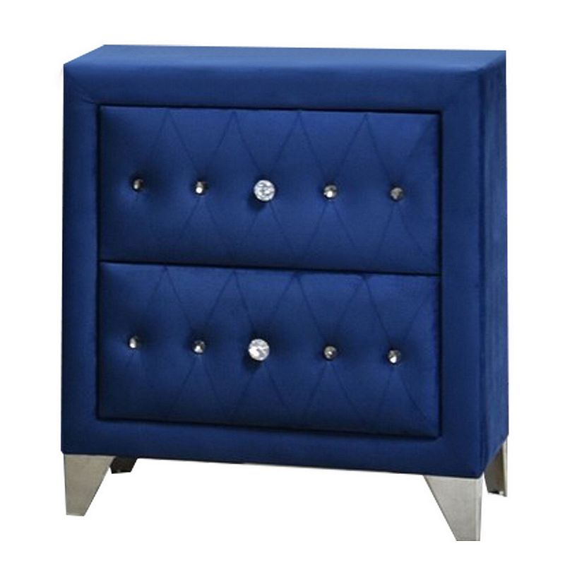 Velvet Upholstered 2 Drawer Wooden Nightstand with Faux Crustal Knobs， Blue