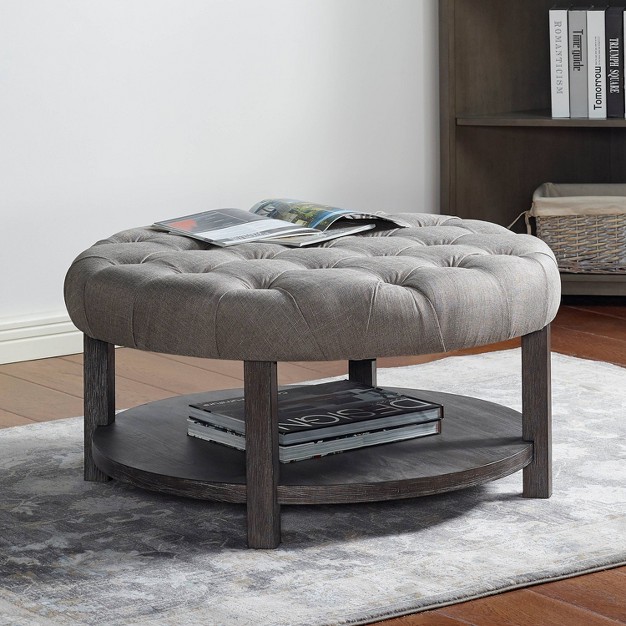 Julla Round Button Tufted Storage Ottoman Antique Washed Gray light Gray Homes Inside Out