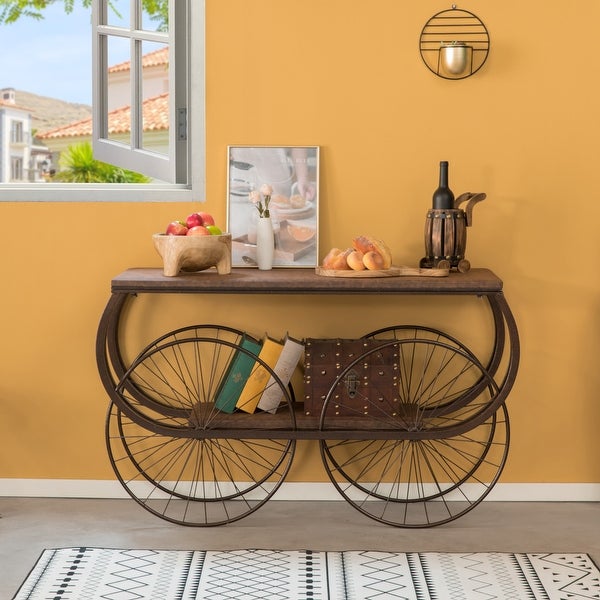 Two Tier Wagon Style Industrial Wooden and Metal Side End Table with Big Wheels