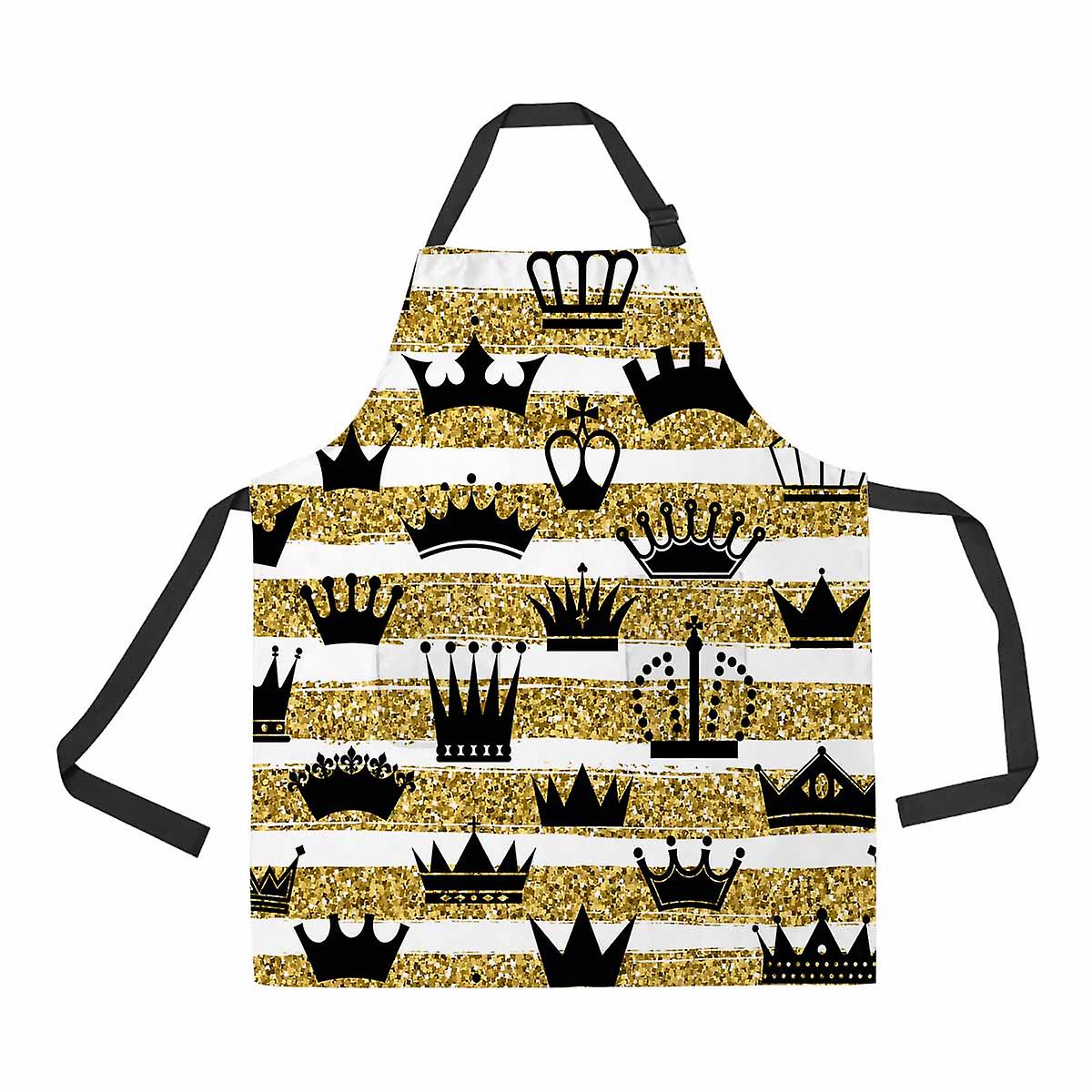 Golden Glitter Texture White Lines Crowns Unisex Adjustable Bib Apron With Pockets For Commercial Restaurant And Home Kitchen Use