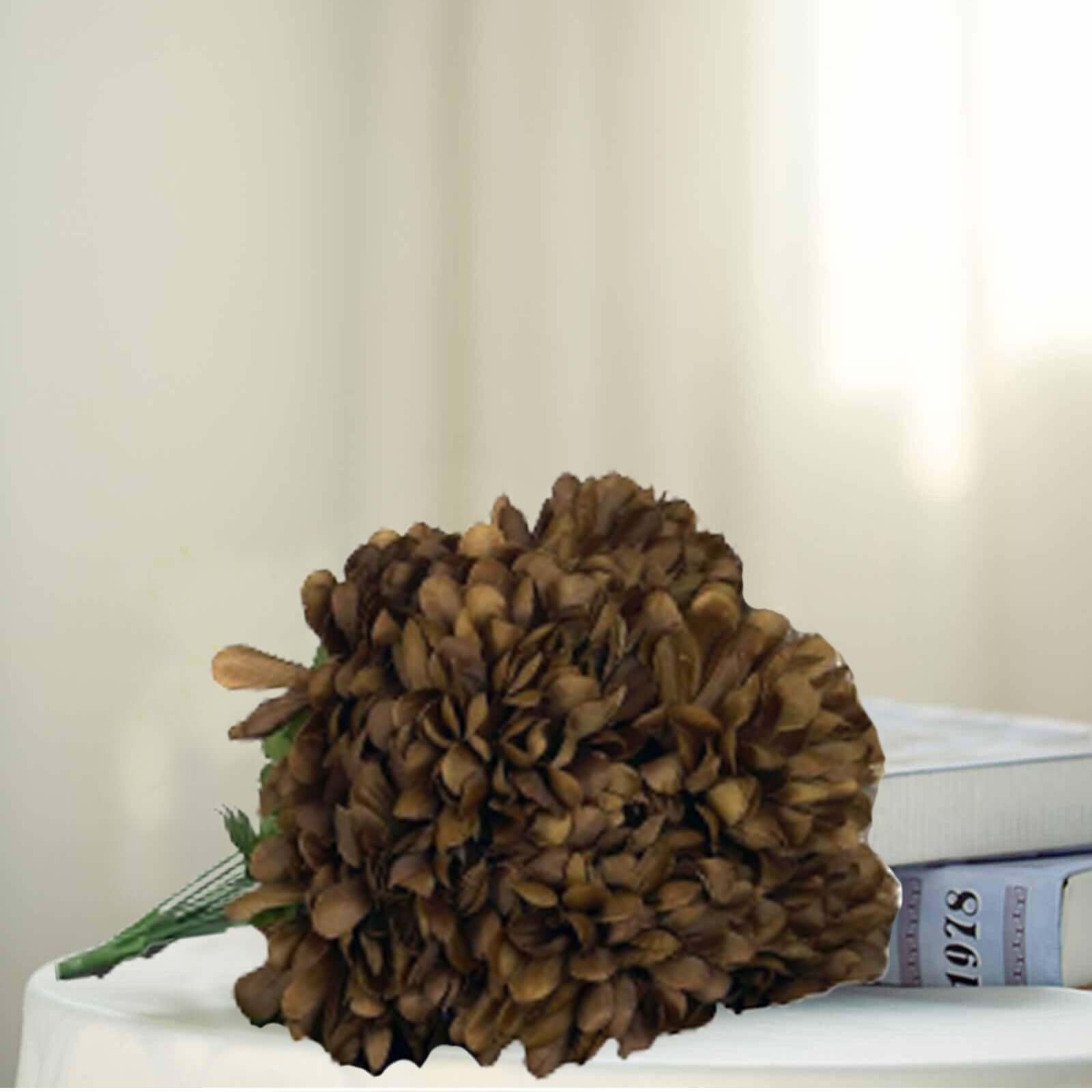 4 Bushes Chocolate Artificial Silk Chrysanthemums 56 Faux Flowers