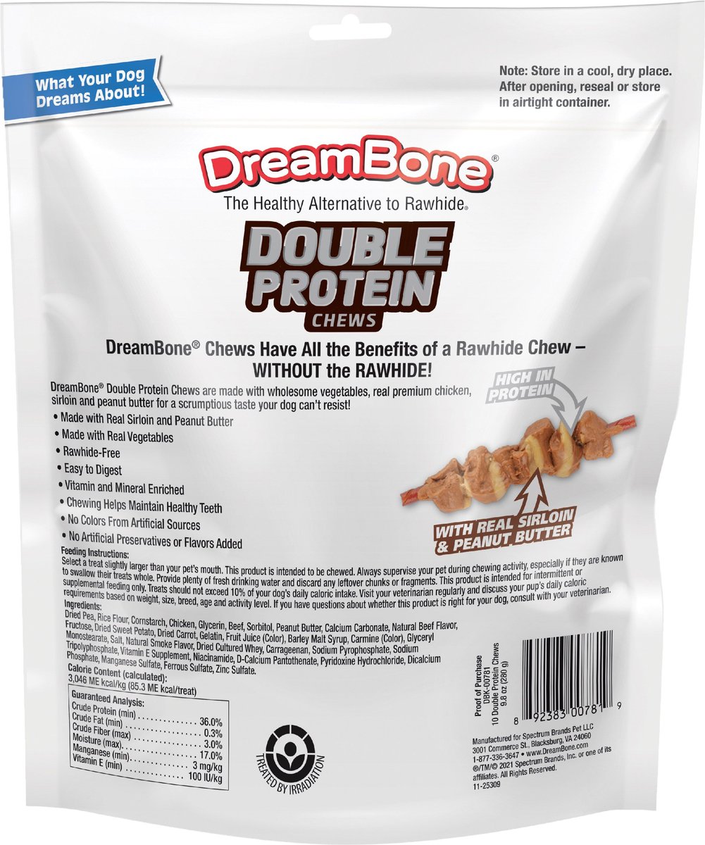 DreamBone Double Protein Chicken， Sirloin and Peanut Butter Dog Rawhide Treat， 9.8-oz bag， 10 count