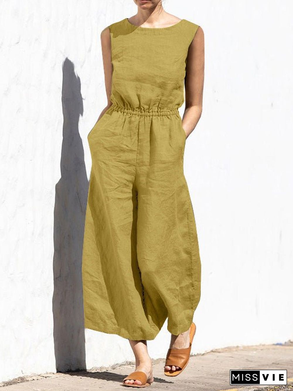 Women'S Jumpsuits Solid Elastic Waist Pocket Sleeveless Jumpsuit