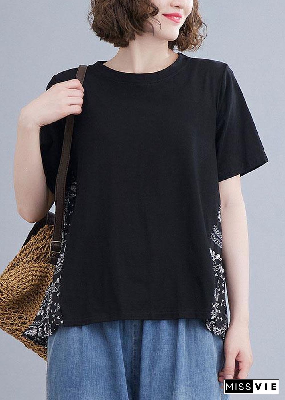 Plus Size Black Patchwork Print O-Neck Cotton Tops Summer