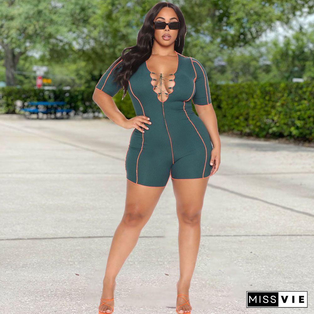 Summer Women Deep V-Neck Bandage Sexy Short Sleeve Plus Size Bodycon One Piece Romper