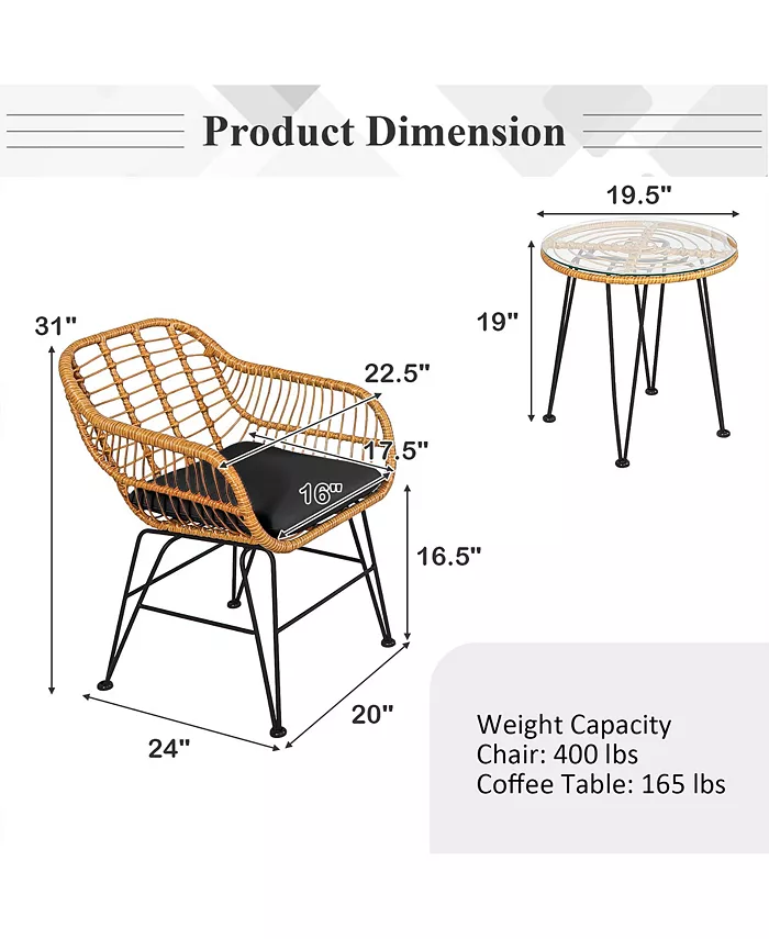 Costway 3PCS Patio Rattan Bistro Furniture Set Cushioned Chair Table