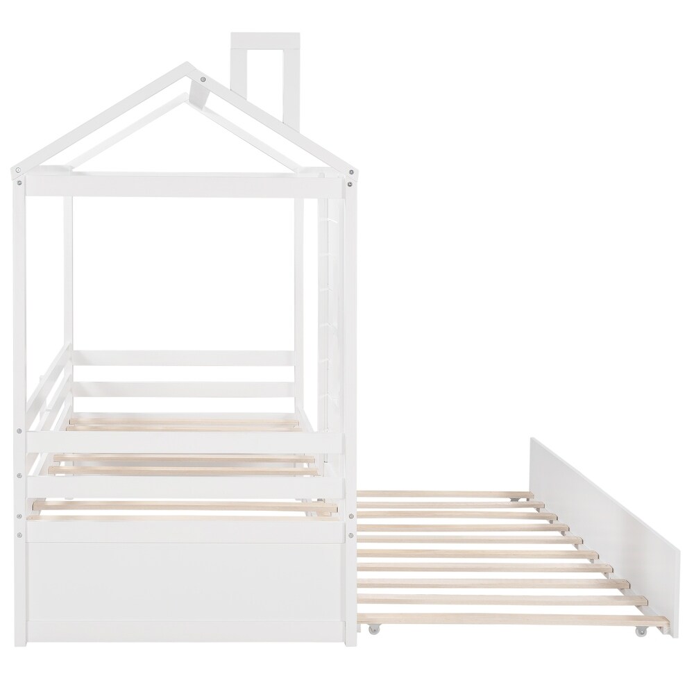 Solid Wood Twin House Bed with Trundle for Kids  White