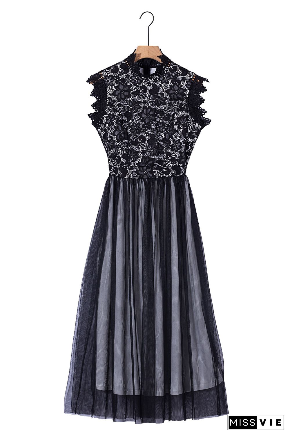 Black High Neck Sleeveless Crochet Lace Mesh Lined Evening Dress