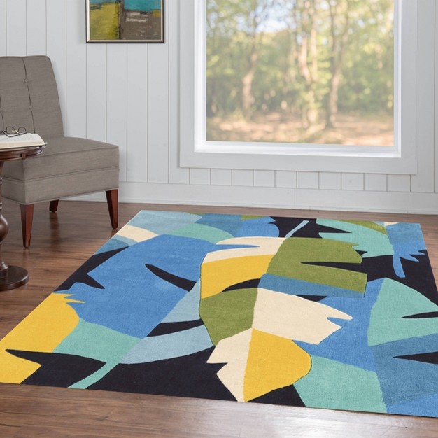 Trio 406 Tropical Leaf Accent Rug Blue Linon