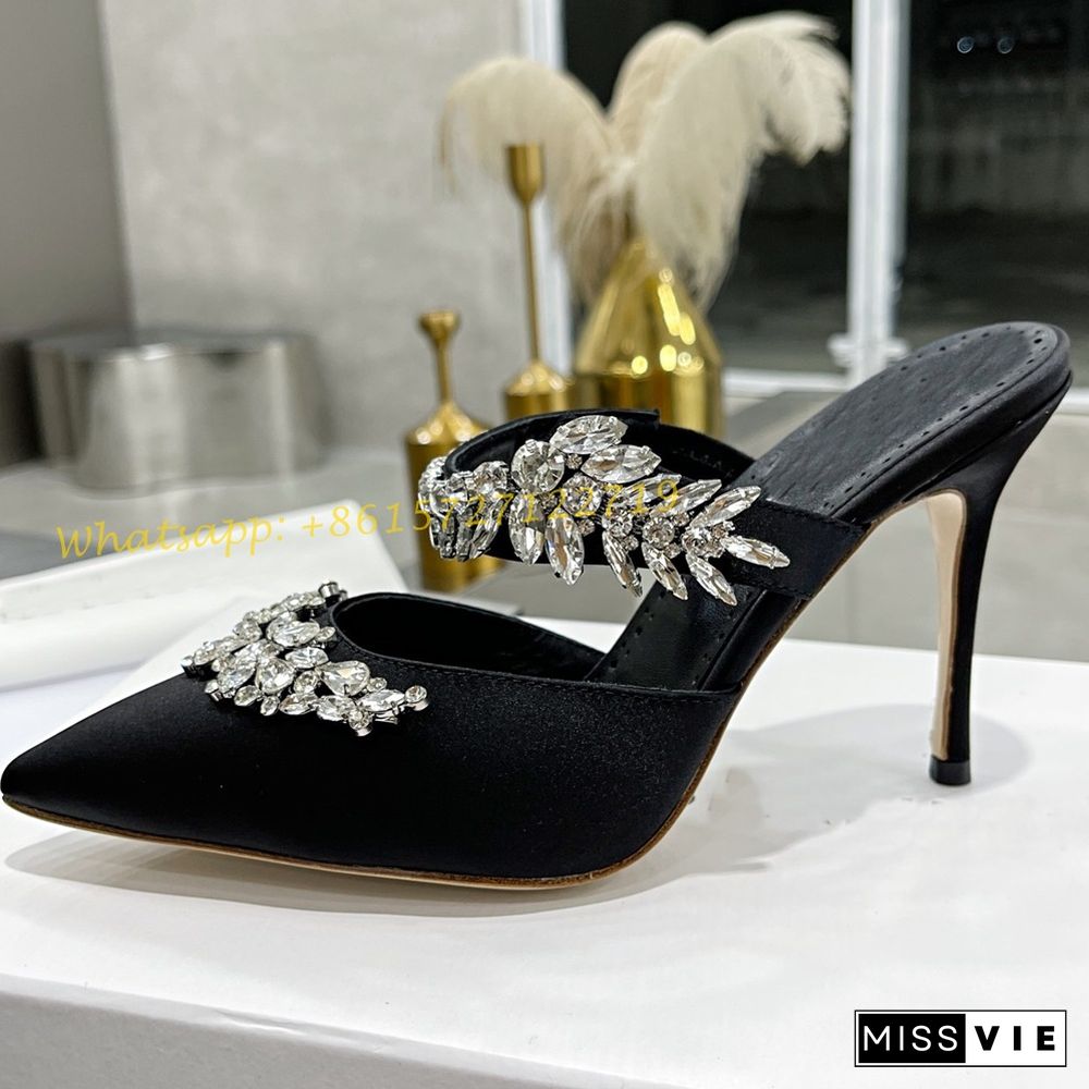 Pointy Toe Crystal Mules Slippers Women Luxury Summer Blue Party High Heels Slippers Sexy Outfit New Arrival Ankle Wrap Shoes