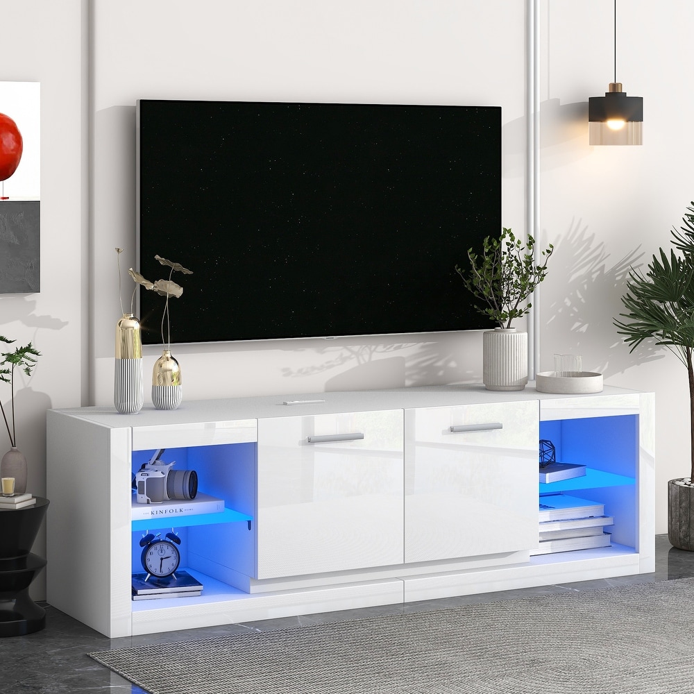 High Gloss TV Stand TV Cabinet with 2 Tempered Glass Shelves and LED Lights Modern Entertainment Center for TVs Up to 70\