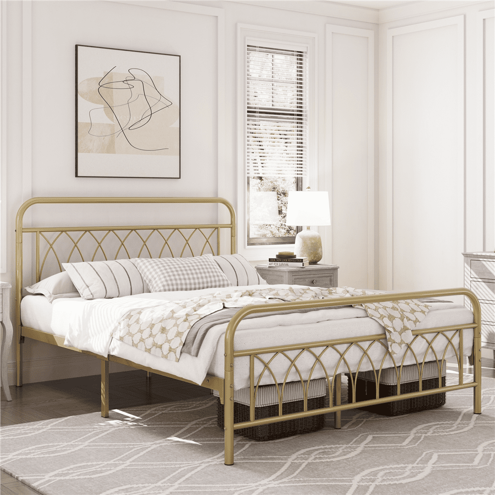 Easyfashion Metal Platform Bed Frame Antique Gold, Queen