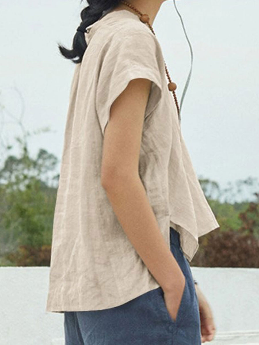 V-neck Casual Loose Solid Color Short-sleeved Blouse