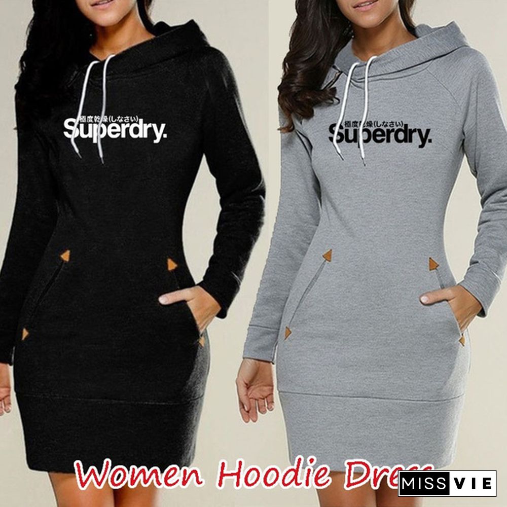 New Ladies Hooded Long Sleeve Dress Spring and Autumn Fashion Print Slim Pocket Dress