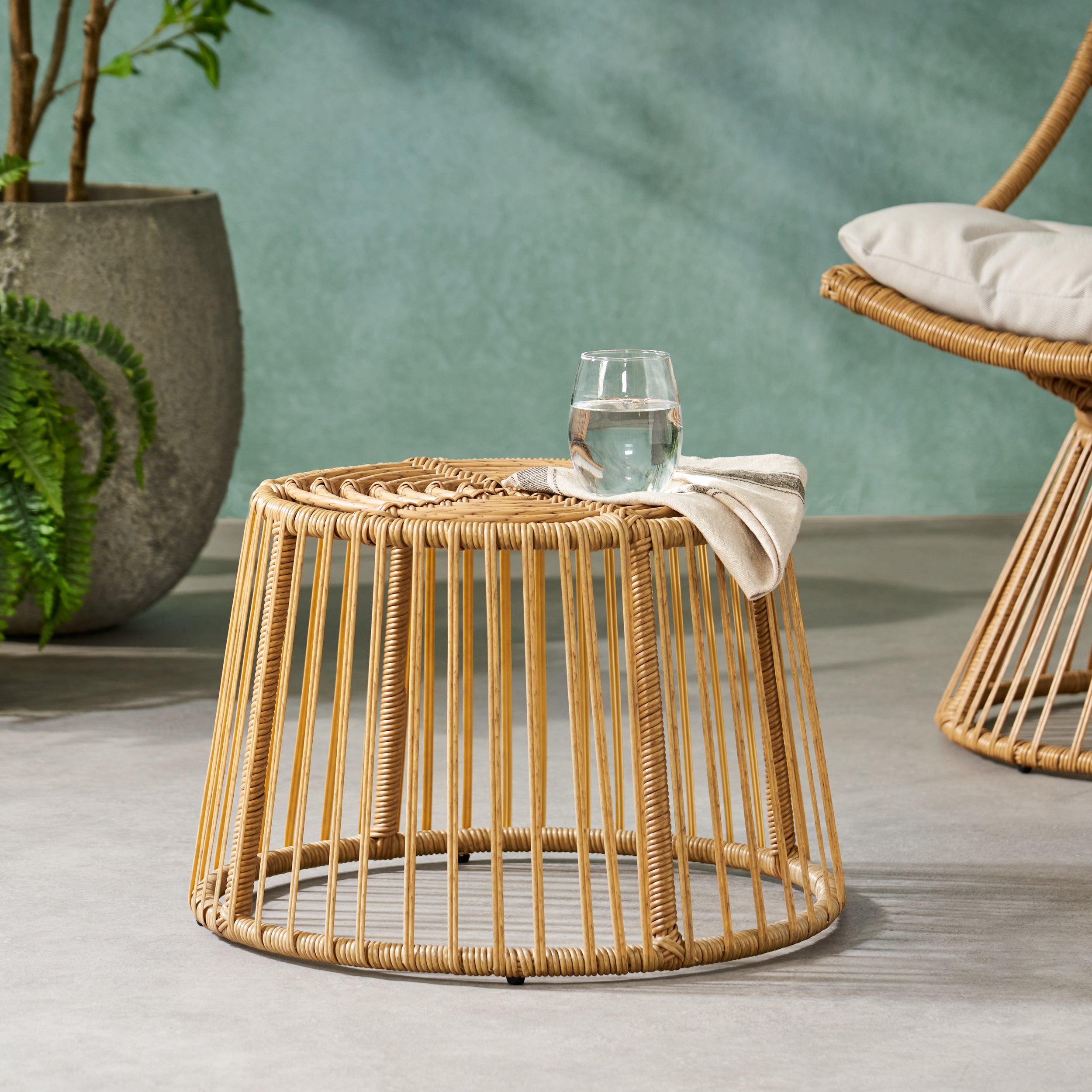 Apulia Outdoor Wicker Side Table, Light Brown