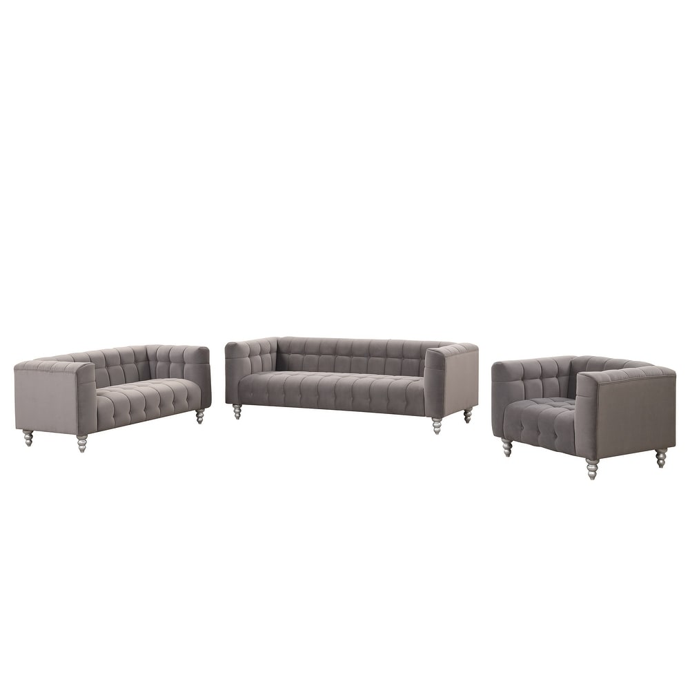 Grey Polyester Upholstered Sofa Set  Solid Wood Legs  3 Seater + Loveseat + Single Sofa