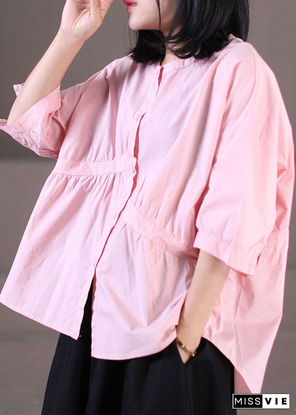 Women Pink O-Neck Asymmetrical Wrinkled Cotton Shirts Half Sleeve