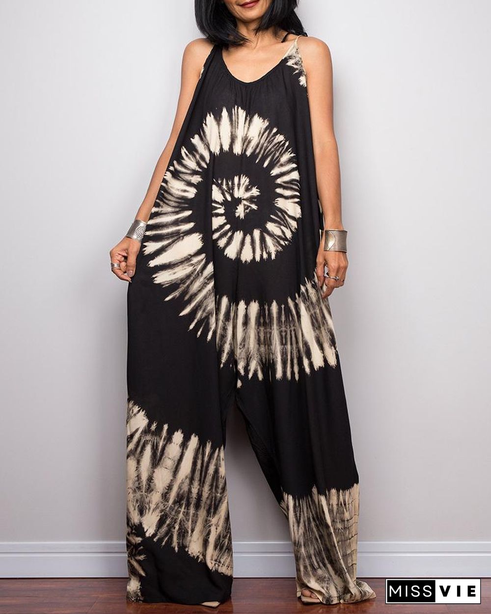 Tie-Dye Print Wide-Leg Lace-Up Loose Jumpsuit P15993