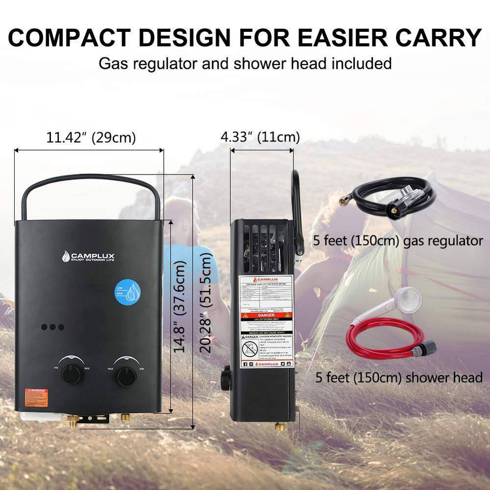 CAMPLUX ENJOY OUTDOOR LIFE Camplux 5L 1.32 GPM Outdoor Portable Propane Gas Tankless Water Heater in Black AY132B-N1