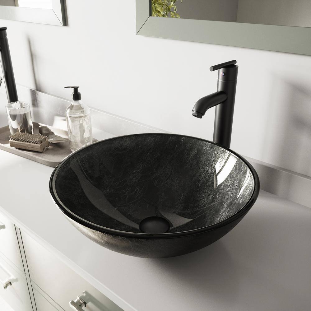 VIGO Glass Round Vessel Bathroom Sink in Onyx Gray with Seville Faucet and Pop-Up Drain in Matte Black VGT574