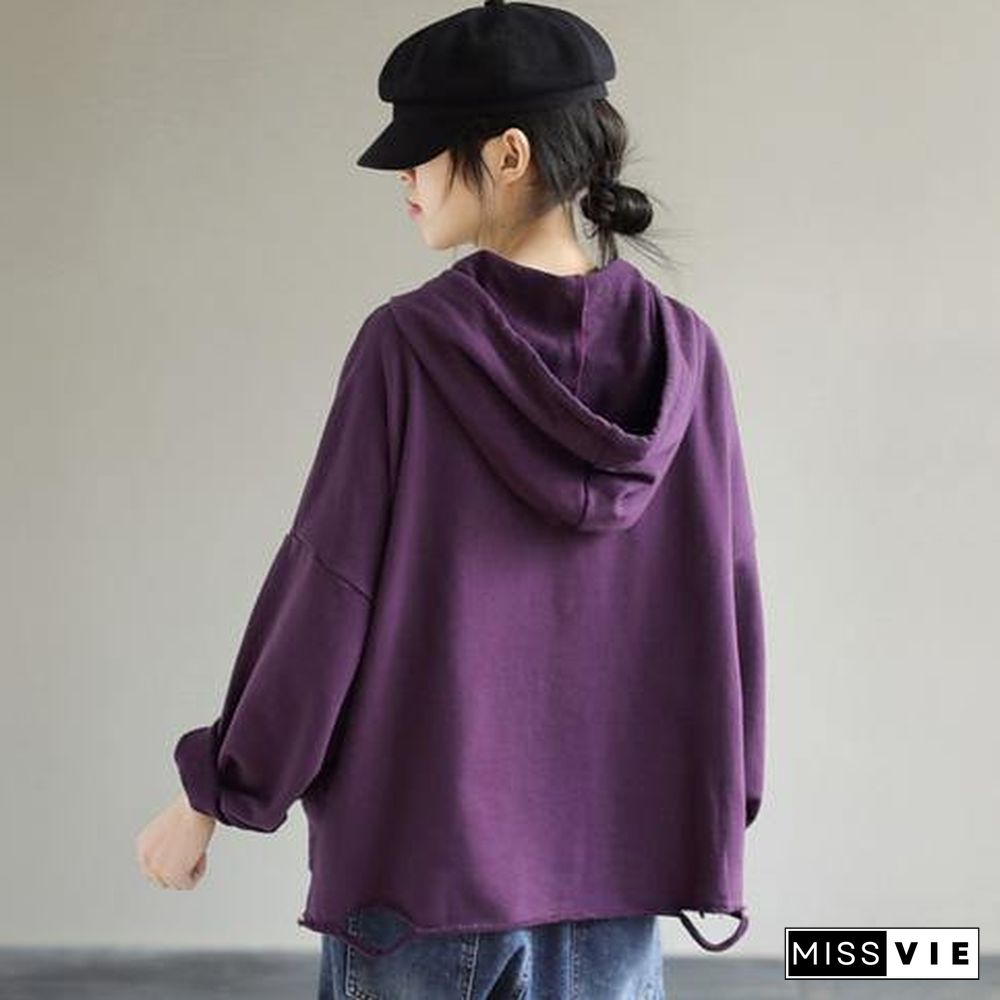 Women Hooded Hole Spring Top Silhouette Photography Purple Blouses